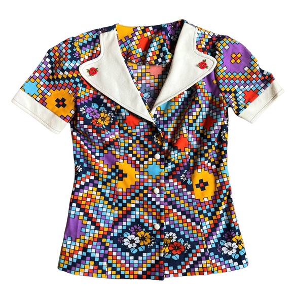 Vintage 60s Mod Colorful Floral Geometric Wide Collar Button Up Shirt - Picture 10 of 13